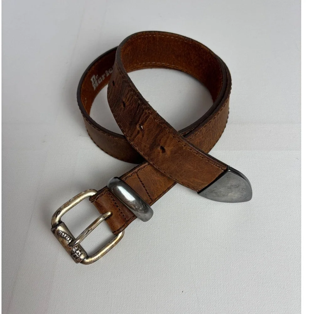 Dr. Martens Vintage Brown Leather Belt Made in USA Size 32 Silver Buckle 90's